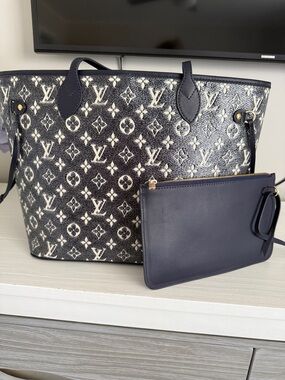 Designer inspired Navy and Cream Monogram  Tote with Navy Pouch